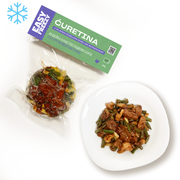 Индейка в кисло-сладком соусе со стручковой фасолью 300 г. (замороженные)